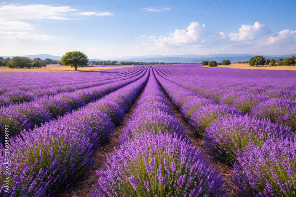 Obraz premium Vast lavender fields under a blue sky with scattered clouds.