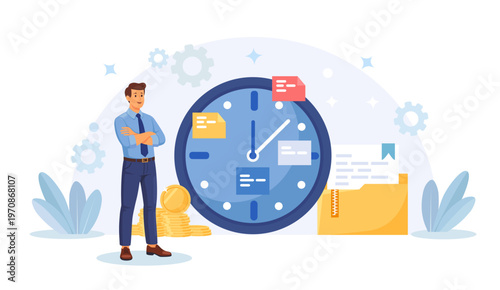 Strategic time management, smart workflow efficiency. Business person scheduling tasks. Multitasking employee. Managing your time and tasks for success. Vector flat illustration