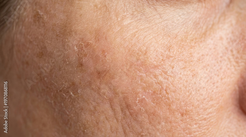 Dry skin uv damage peeling flaking texture cheek closeup