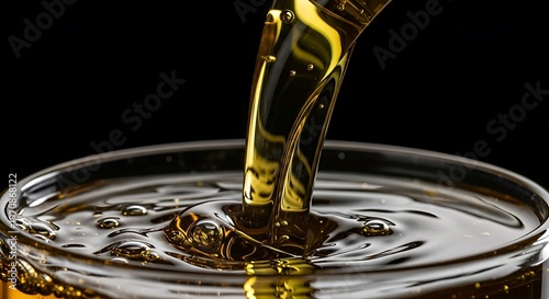 Dynamic close-up of a luxurious golden liquid pouring intensely, forming mesmerizing waves and reflections within a dark, opulent setting, symbolizing fluidity and richness and potential