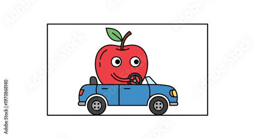 Funny Apple Character Driving a Blue Convertible Car with a Smile
