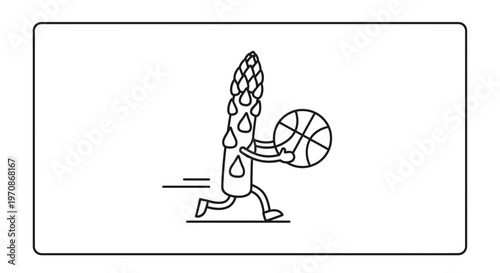 Funny asparagus character dribbling a basketball, running fast, cartoon style, healthy food concept