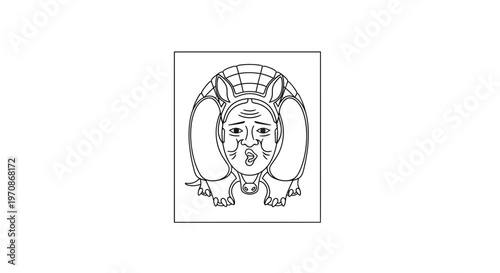 Funny Armadillo Man Face with Ears and Shell, Cartoon Style