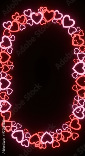 Glowing hearts arranged in a vertical oval frame against a dark background illustrate a romantic theme.
