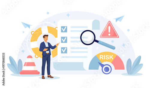 Risk assessment, management. Identifying hazards, financial safeguarding, planning mitigation strategies. Ensuring project security. Analyst with checklist and caution signs solving business problems