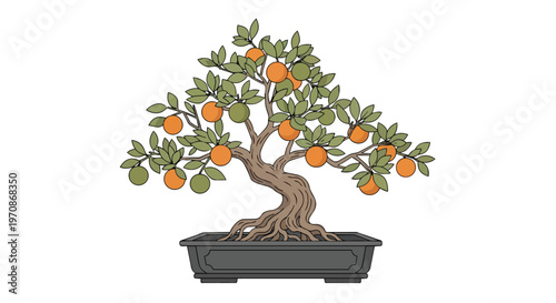 Illustration of a Small Bonsai Orange Tree in a Pot