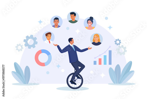 HR manager riding unicycle balance, juggling team members to choose winner candidate. Talent or employee management. Human resources management to control staff. Business multitasking