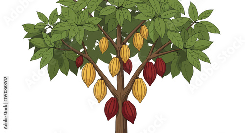 Illustration of a Cacao Tree with Ripe Yellow and Red Cocoa Pods