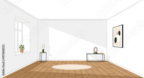 An empty, minimalist room with white walls and a wooden floor is depicted with a window, two sculptures, a framed painting, and a round rug.