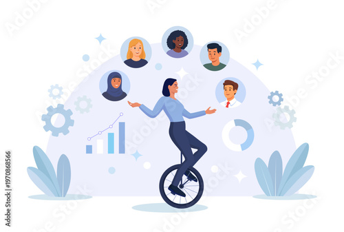 HR manager riding unicycle balance, juggling team members to choose winner candidate. Talent or employee management. Human resources management to control staff. Business multitasking