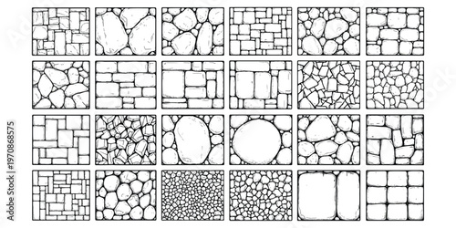 A grid of various stone wall texture patterns featuring diverse shapes and architectural styles. isolated on white background, Vector, illustration