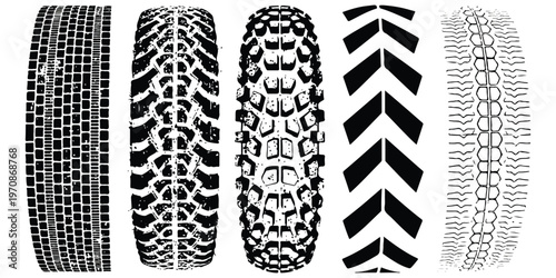 A collection of five distinct tire tread patterns displayed in a row on a plain white background isolated on white background, Vector, illustration