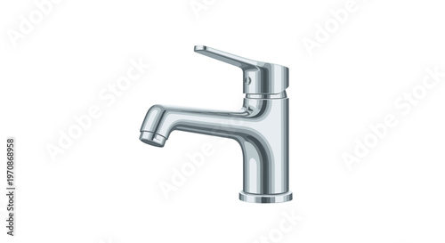 A polished chrome bathroom faucet with a single lever handle and a short spout is positioned on a white background.