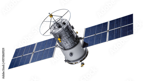 Photos Modern communication satellite orbiting Earth, featuring extended solar panels a