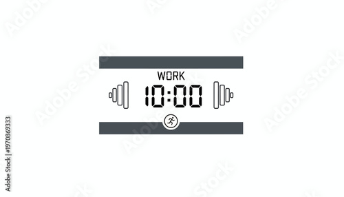 Digital Timer Displaying 10:00 Work Time with Dumbbell Icons
