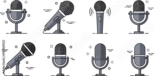 PrintMicrophone icons set vector illustration featuring vintage and modern audio recording mics in different styles isolated