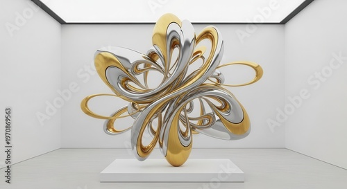 Shiny metallic abstract sculpture stands on a pedestal in a minimalist gallery space.