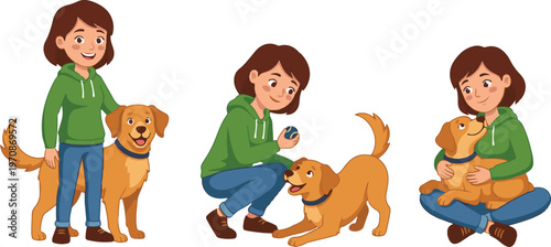 A set of illustrations showing a woman interacting with a friendly dog in different poses, including standing, petting, and sitting, highlighting pet care and companionship.