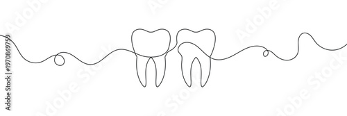 Continuous single line art of teeth and love shape, perfect for minimalist vector illustrations. Teeth and love shape illustration in single line art style, ideal for modern graphic designs.