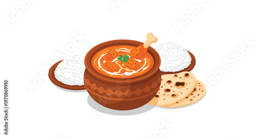 An Indian chicken curry in a terracotta pot is accompanied by two portions of white rice and three pieces of naan bread, all arranged on a plain white background.