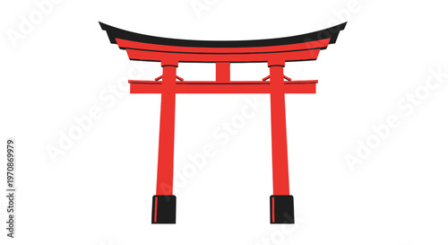 Red japanese torii gate with black roof and base on white background symbolizing cultural heritage and spirituality