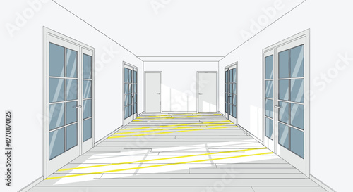 A minimalist line art drawing depicts an empty hallway with multiple doors and light reflections on the floor.