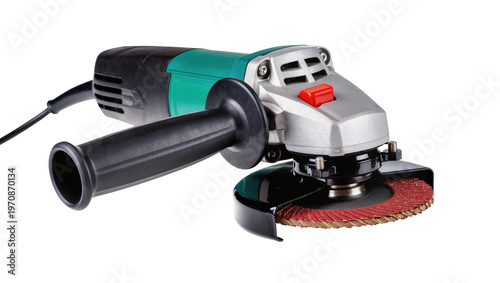 Konstfotografi Green silver angle grinder with black cord, featuring abrasive cutting disc