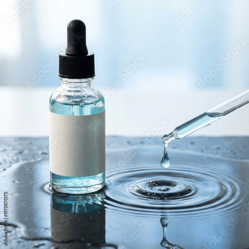 Hyaluronic acid serum drop with water ripple, blue skincare cosmetic bottle, clean beauty product mockup
