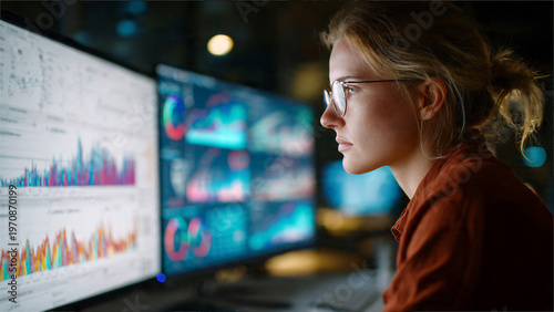 Woman analyzing data on multiple screens in office representing professional analytics and digital workflow environment