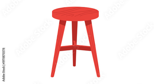 A stylized flat vector illustration showcases a textured red wooden stool featuring three splayed legs and a triangular cross-brace on a white background.