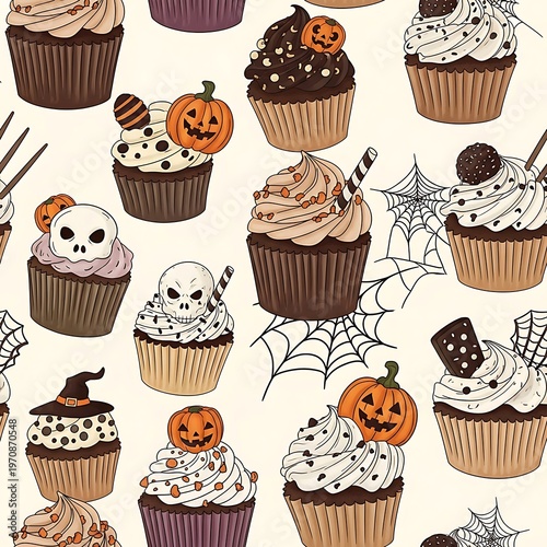 Halloween cupcakes with spooky decorations and festive icing on web background