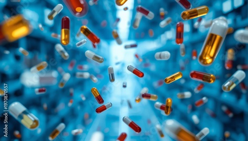 Falling colorful capsules representing medicine and healthcare industry