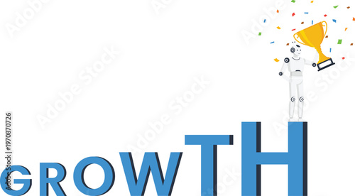 White robot holding golden trophy celebrating business growth artificial intelligence technology success concept financial progress development achievement