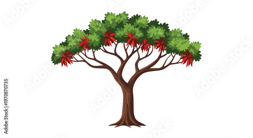 Illustration of a stylized deciduous tree with green and red foliage