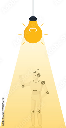 Humanoid robot standing on progress chart watching lightbulb rocket launch symbolizing artificial intelligence business growth and innovative idea rapid development technology future