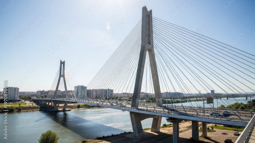 Fototapeta premium A large cable-stayed bridge with two A-shaped towers spans a river, connecting the cityscape on both sides under a clear blue sky