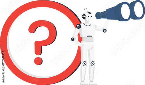 White robot confused data error file search system failure artificial intelligence technology problem folder icon magnifying glass question mark troubleshooting process