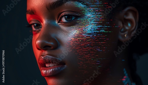 Close-up portrait of a young woman with digital glitch effect on her face, artistic and futuristic