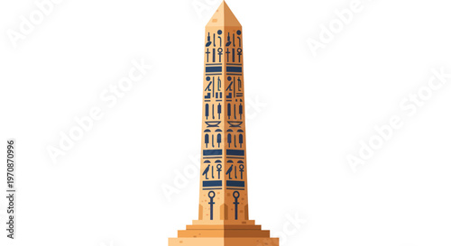 Ancient egyptian obelisk monument with hieroglyphics on white background