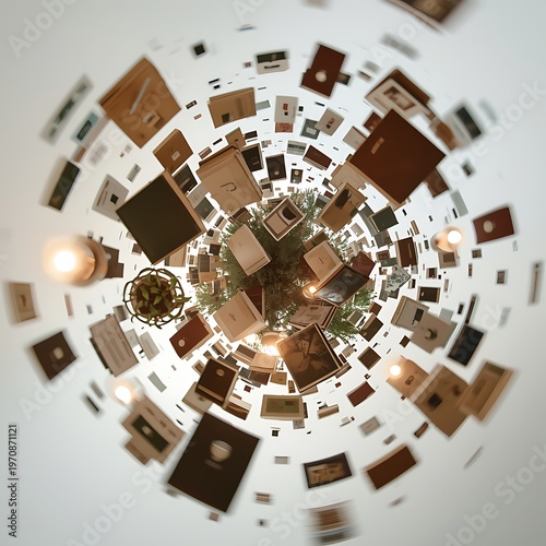 Abstract swirling vortex of books and lights creating a unique perspective and dynamic motion effect