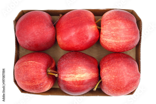 top view of fresh red apples in a pulp paper tray isolated on white background, six red apples on pulp paper food tray
