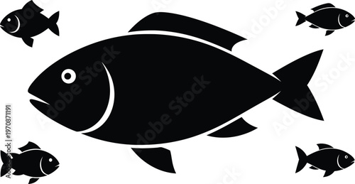 Black fish arranged around a large central fish on a white background silhouette animal