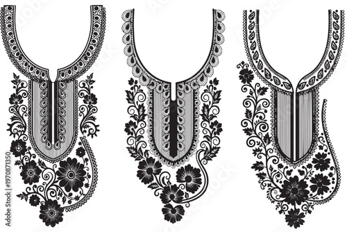Set of Ornamental Floral Neckline Designs for Embroidery and Fashion.
