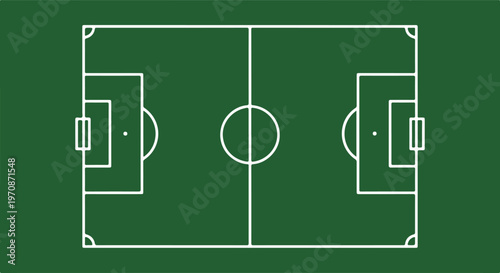 Top view of a soccer field diagram with white lines on a green background