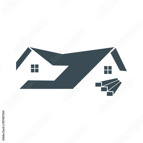 House construction architecture renovation concept with pitched roof windows and stacked wooden planks