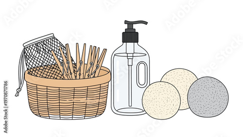 Eco-friendly and sustainable home essentials for a greener lifestyle including a washing bag, clothespins, liquid soap dispenser, and reusable sponges