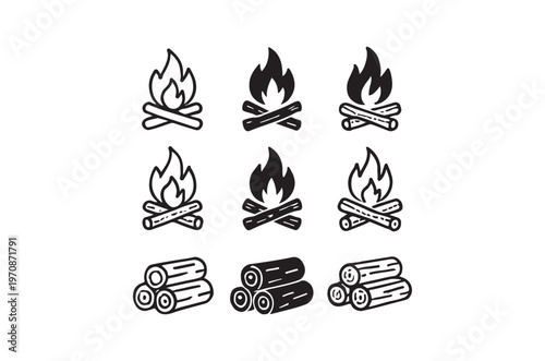 Black and white illustration of campfires and stacked firewood logs
