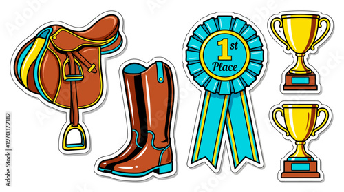 Equestrian sports equipment and awards including a saddle, riding boots, a first-place ribbon, and two golden trophies.