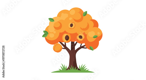 Stylized Apricot Tree with Ripe Fruits in Flat Vector Illustration