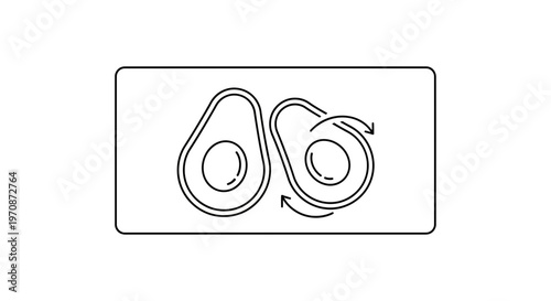 Avocado halves with swirling arrows, healthy food concept, line art icon